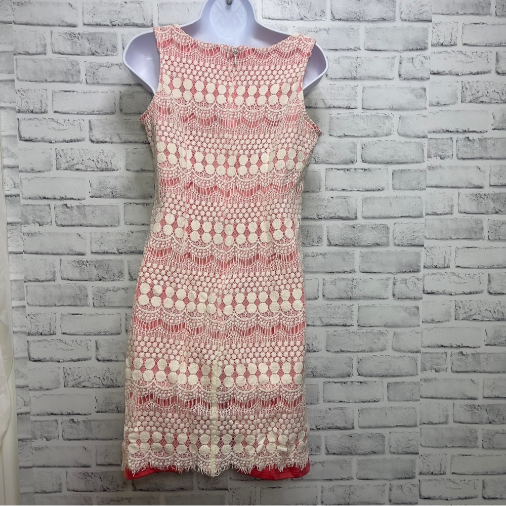 Eliza J Pinkish Orange Lace Overlay Shift Dress 6 - Picture 3 of 11